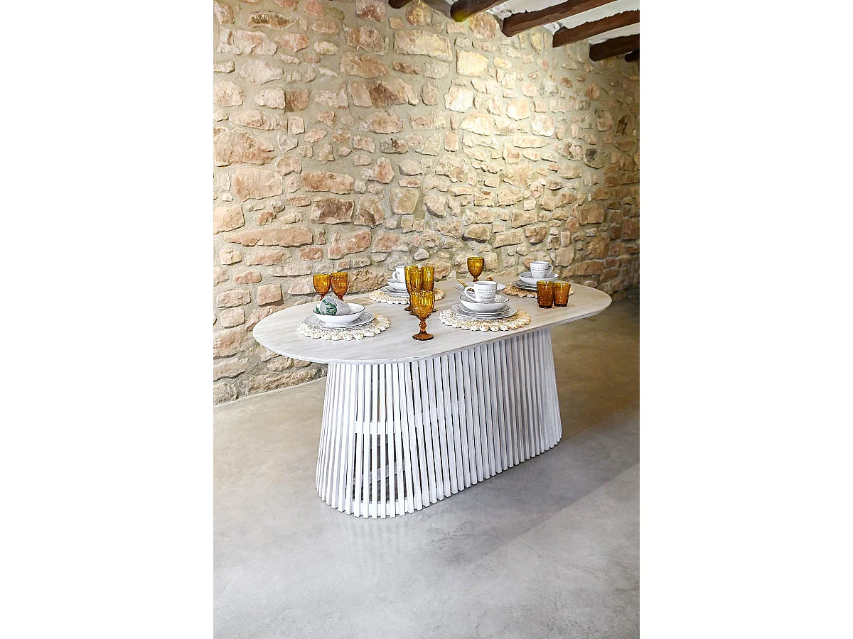 Table à manger, table de repas ovale en bois coloris blanc - longueur 180 x profondeur 100 x Hauteur 75 cm