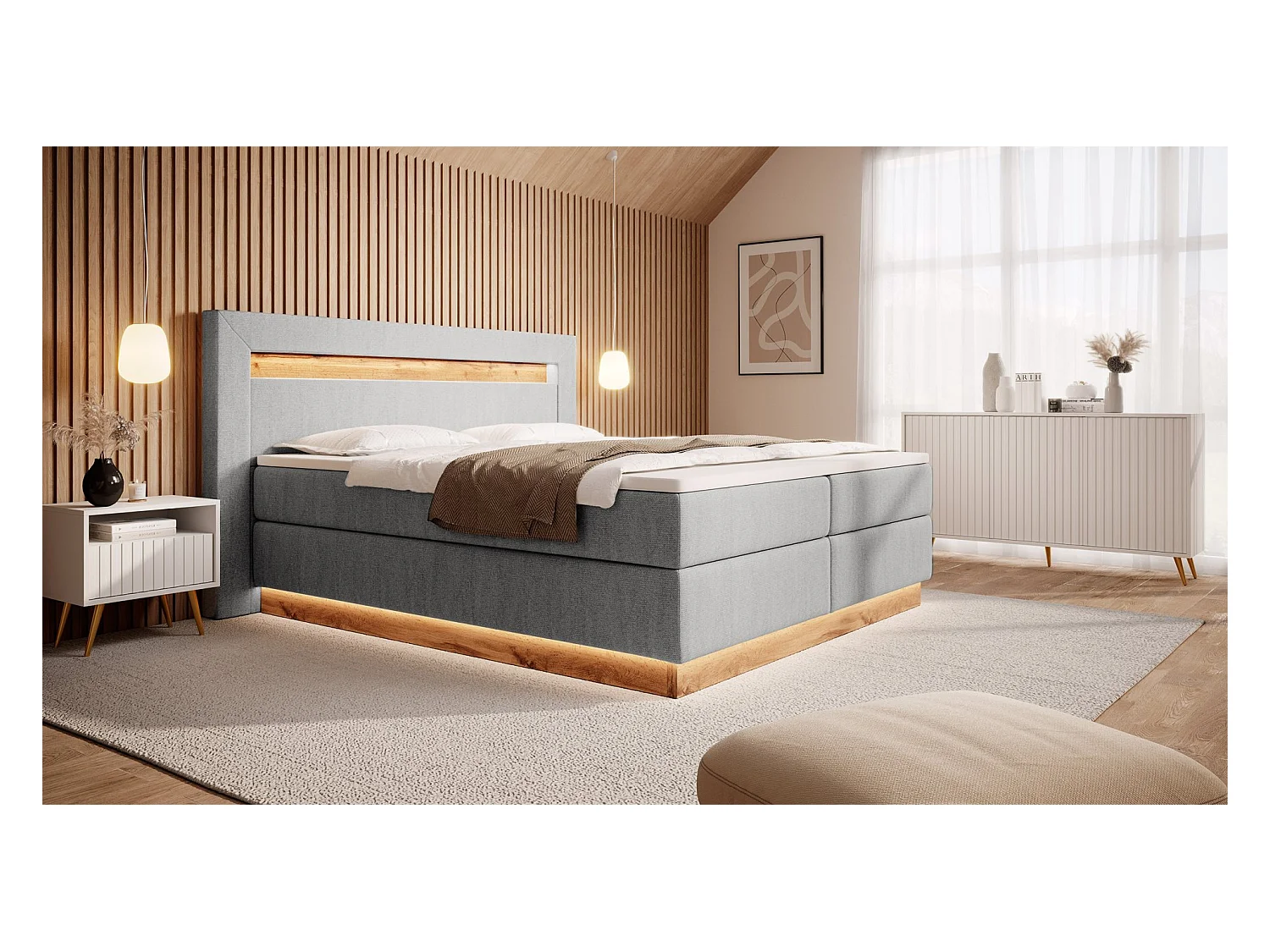 Doppelbett - Boxspringbett mit Topper - Beleuchtung und Samtbezug in Hellgrau - 140x200 cm - OSKI