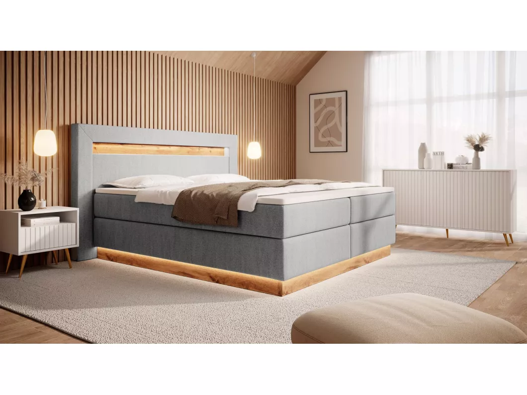 Kauf Unique Doppelbett - Boxspringbett mit Topper - Beleuchtung und Samtbezug in Hellgrau - 140x200 cm - OSKI