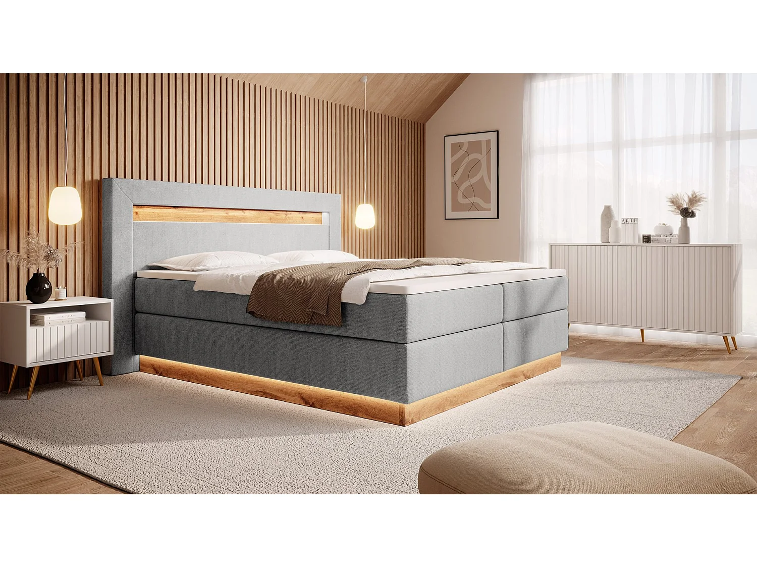 Continentaal bed - 140x200 cm - matrastopper en verlichting - lichtgrijs fluweel - OSKI