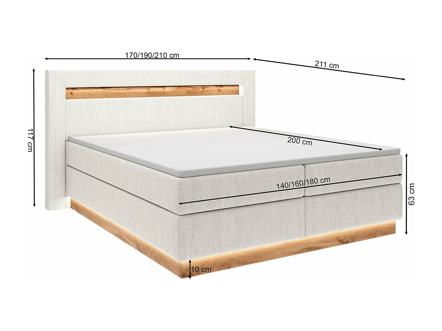 Continentaal bed - 140x200 cm - matrastopper en verlichting - lichtgrijs fluweel - OSKI
