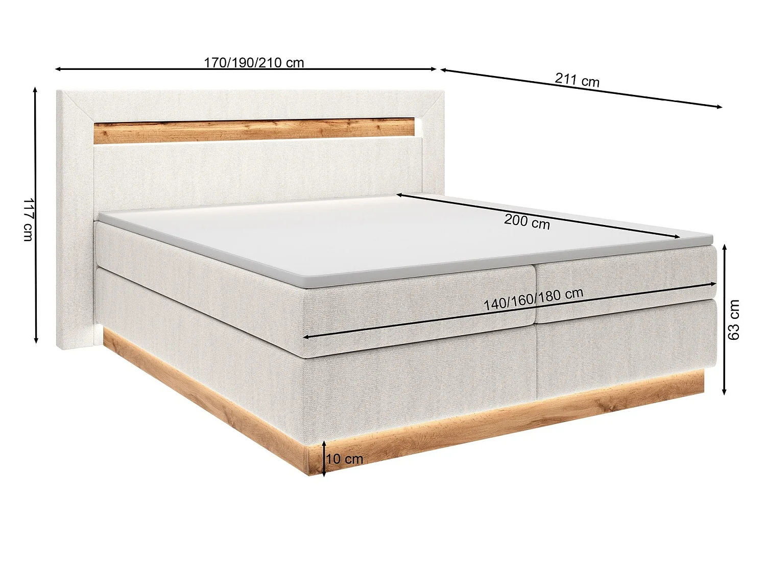 Continentaal bed - 140x200 cm - matrastopper en verlichting - lichtgrijs fluweel - OSKI