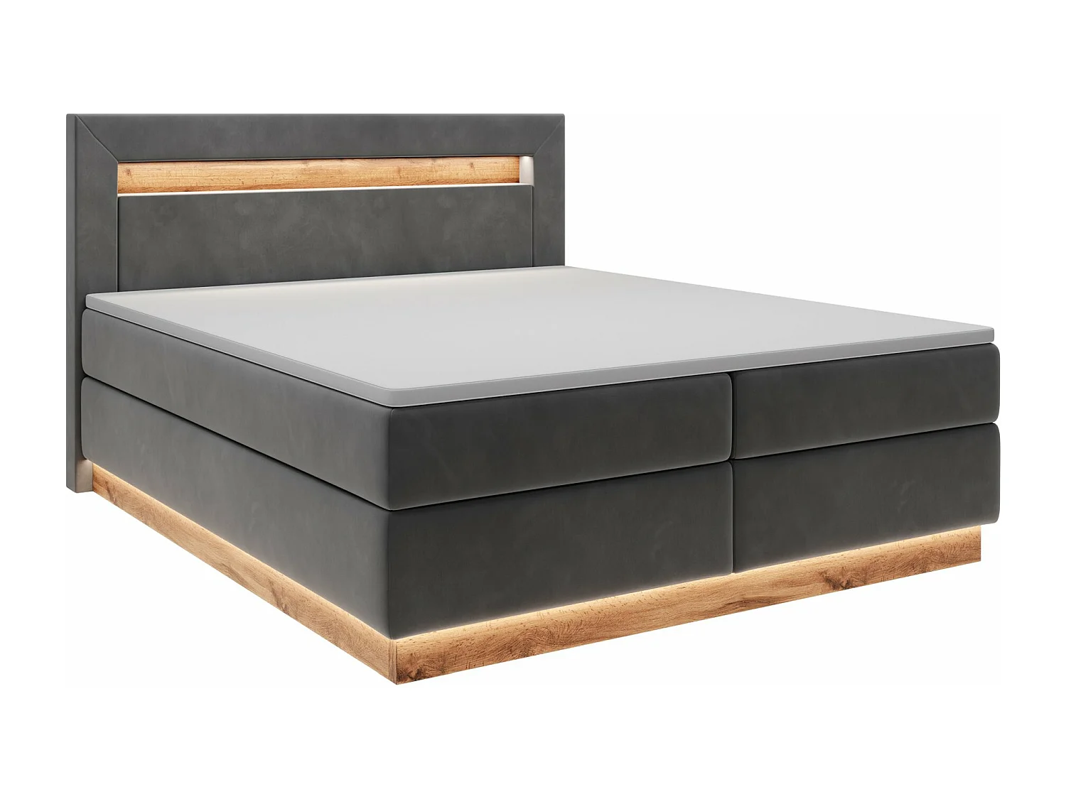 Doppelbett - Boxspringbett mit Topper - Beleuchtung und Samtbezug in Graphit - 140x200 cm - PROMIE