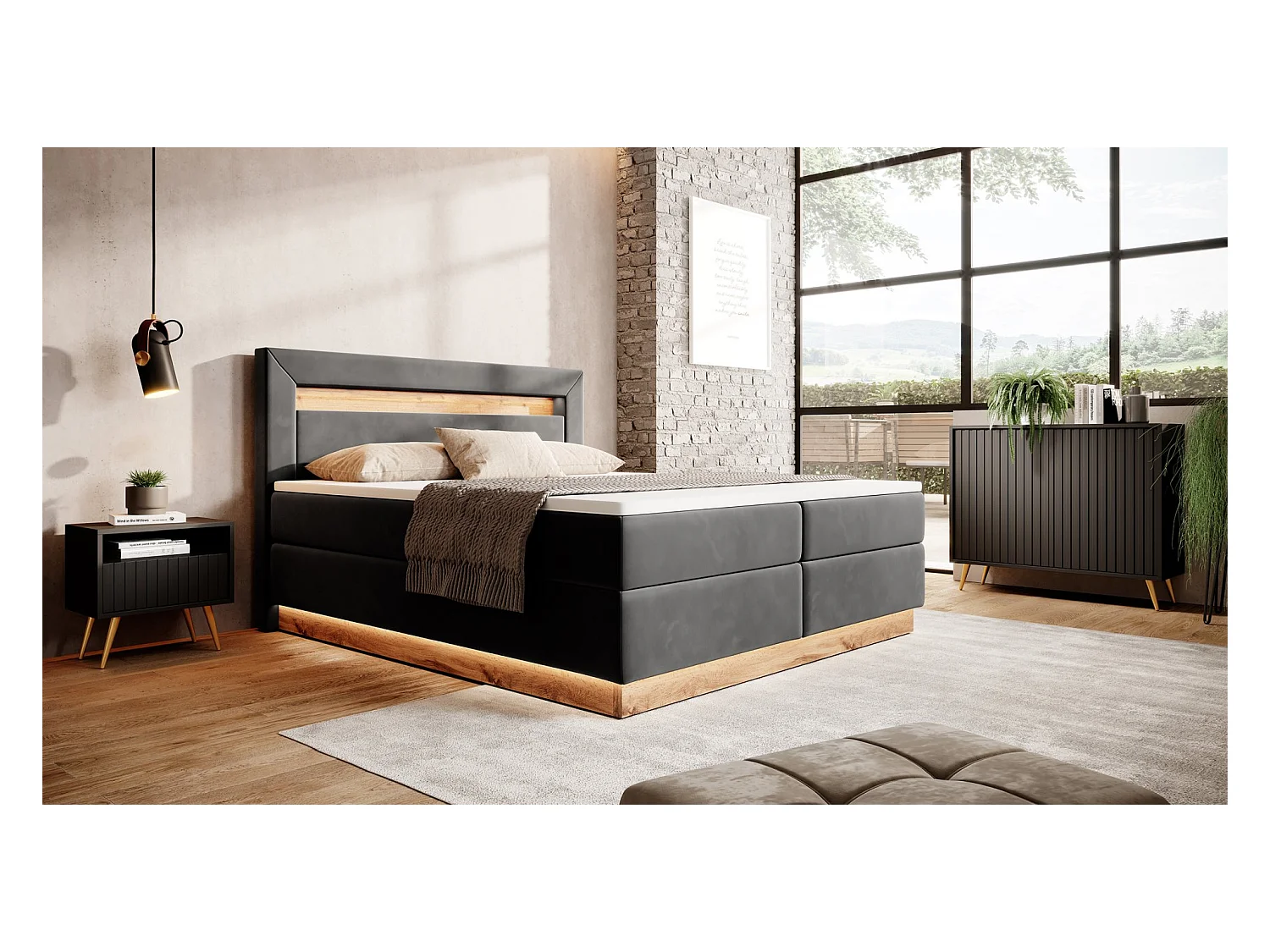 Lit continental - 140x200 cm - surmatelas et éclairage - velours graphite - PROMIE