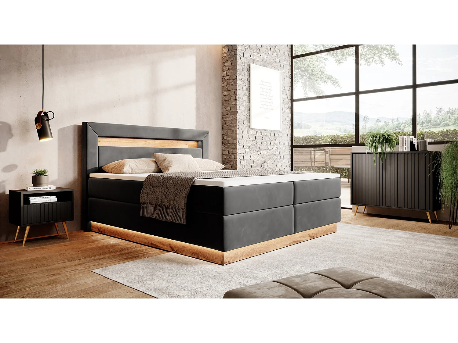 Lit continental - 140x200 cm - surmatelas et éclairage - velours graphite - PROMIE