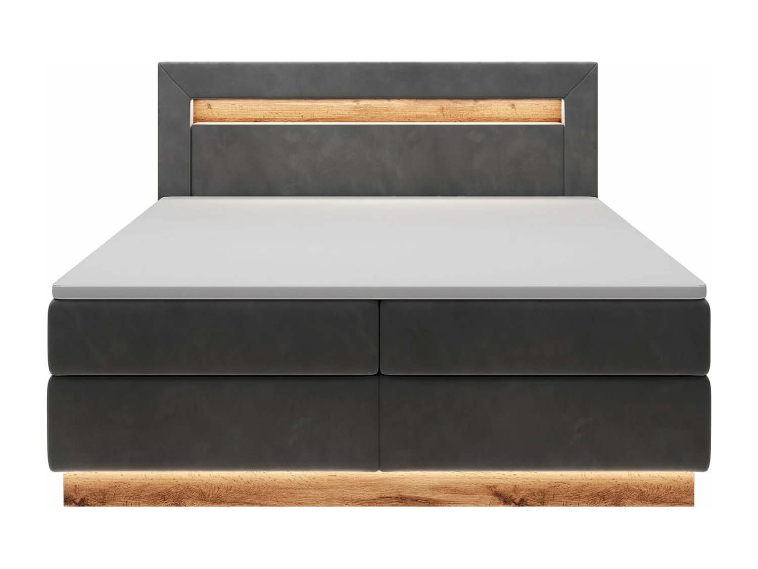 Lit continental - 140x200 cm - surmatelas et éclairage - velours graphite - PROMIE