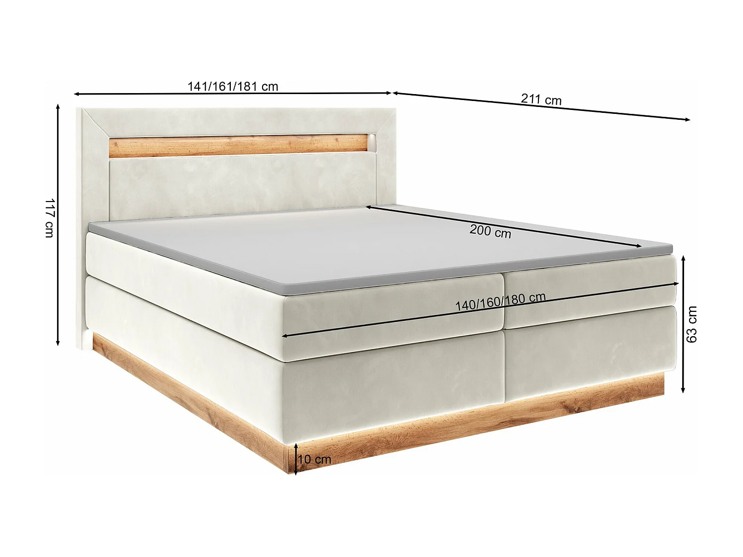 Lit continental - 140x200 cm - surmatelas et éclairage - velours graphite - PROMIE