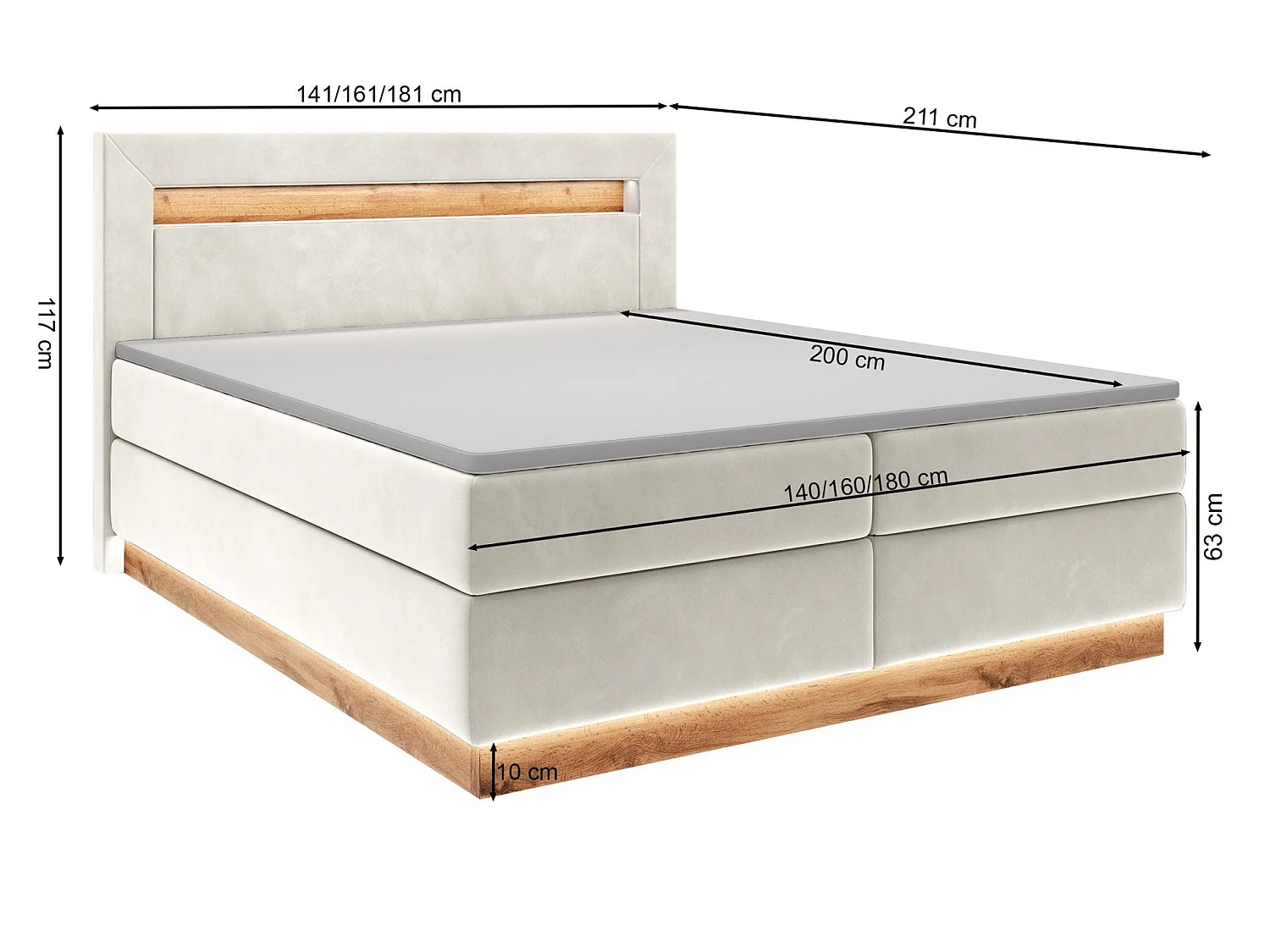 Continentaal bed - 140x200 cm - matrastopper en verlichting - grafiet fluweel - PROMIE