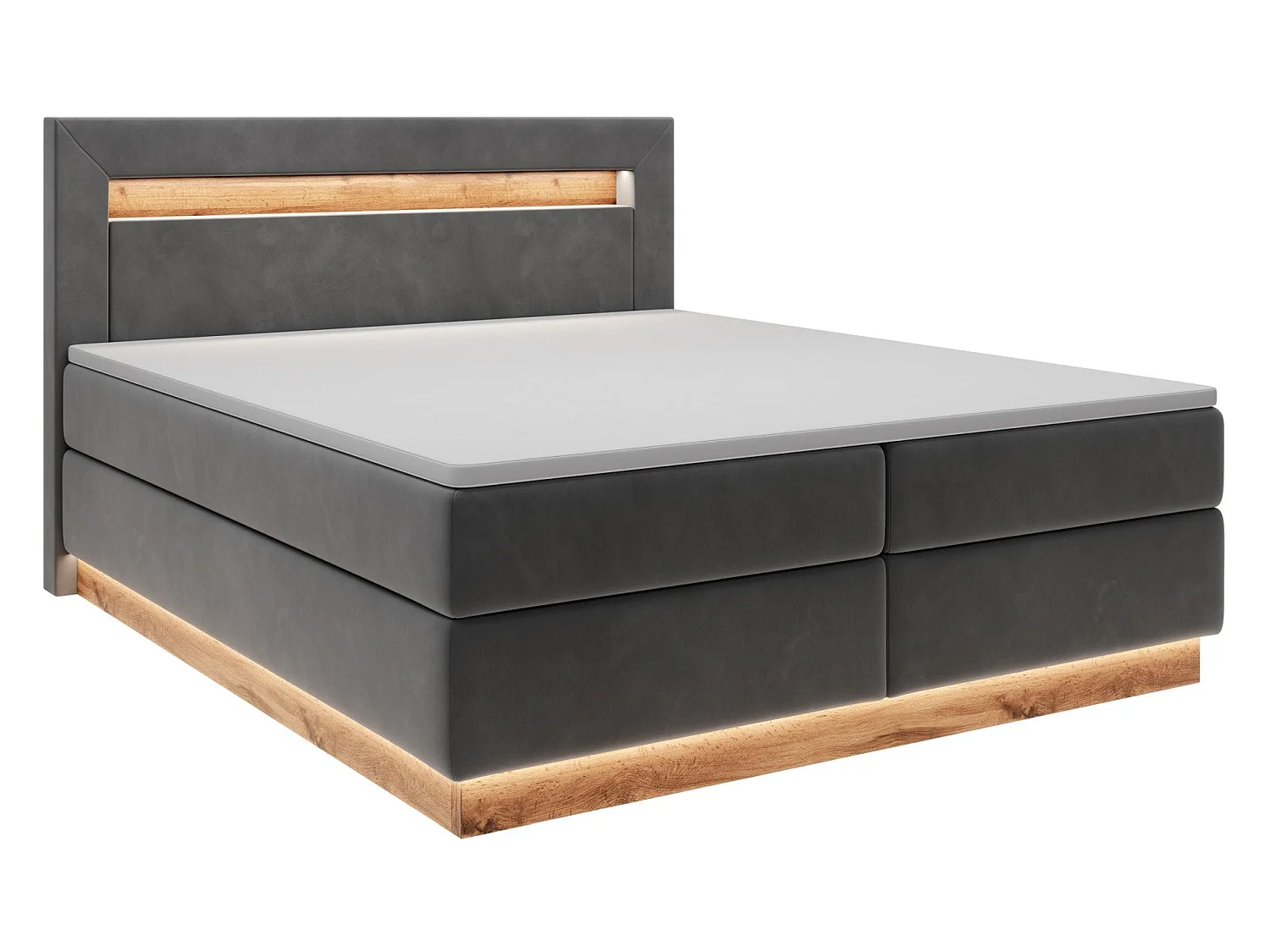 Continentaal bed - 140x200 cm - matrastopper en verlichting - grafiet fluweel - PROMIE