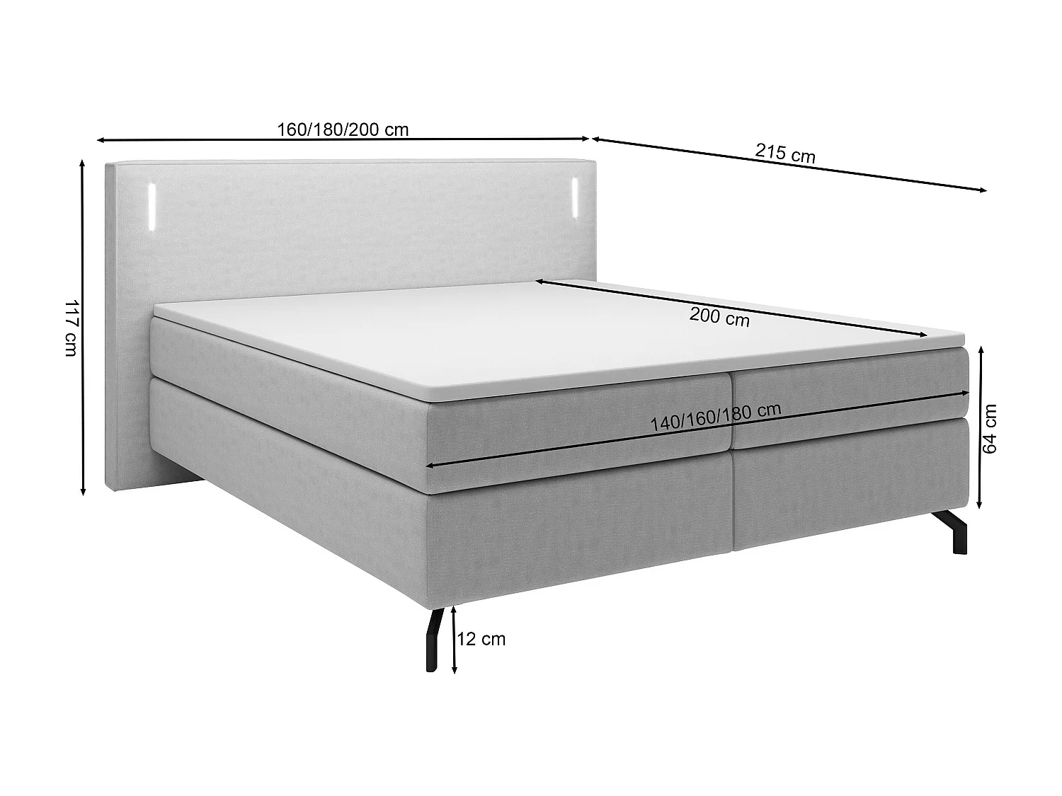 Lit continental - 140x200 cm - surmatelas et éclairage - velours gris - LANKO
