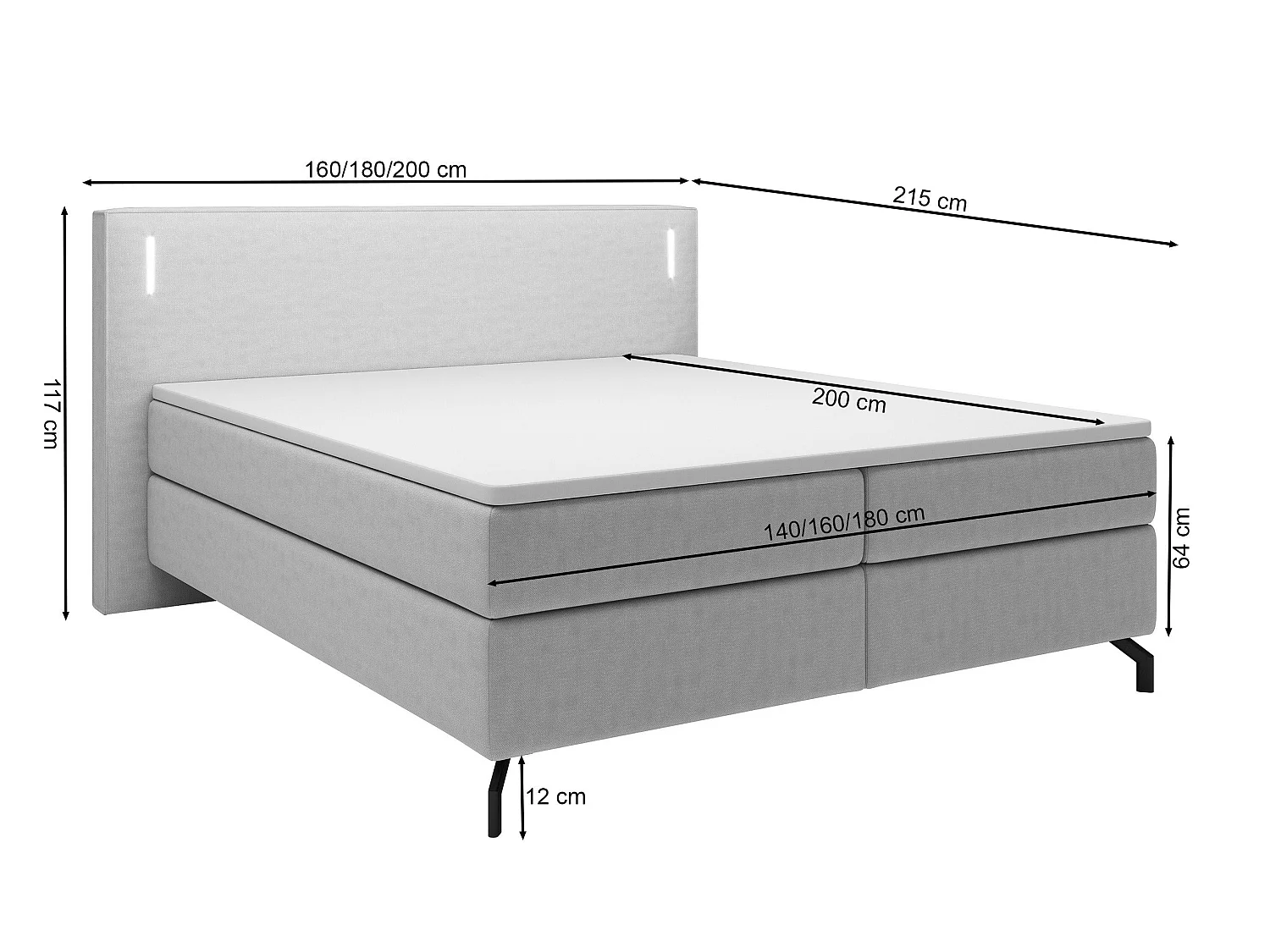 Continentaal bed - 140x200 cm - matrastopper en verlichting - grijs fluweel - LANKO