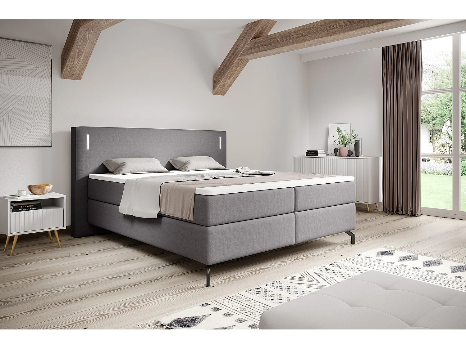 Doppelbett - Boxspringbett mit Topper - Beleuchtung und Samtbezug in Grau - 180x200 cm - LANKO