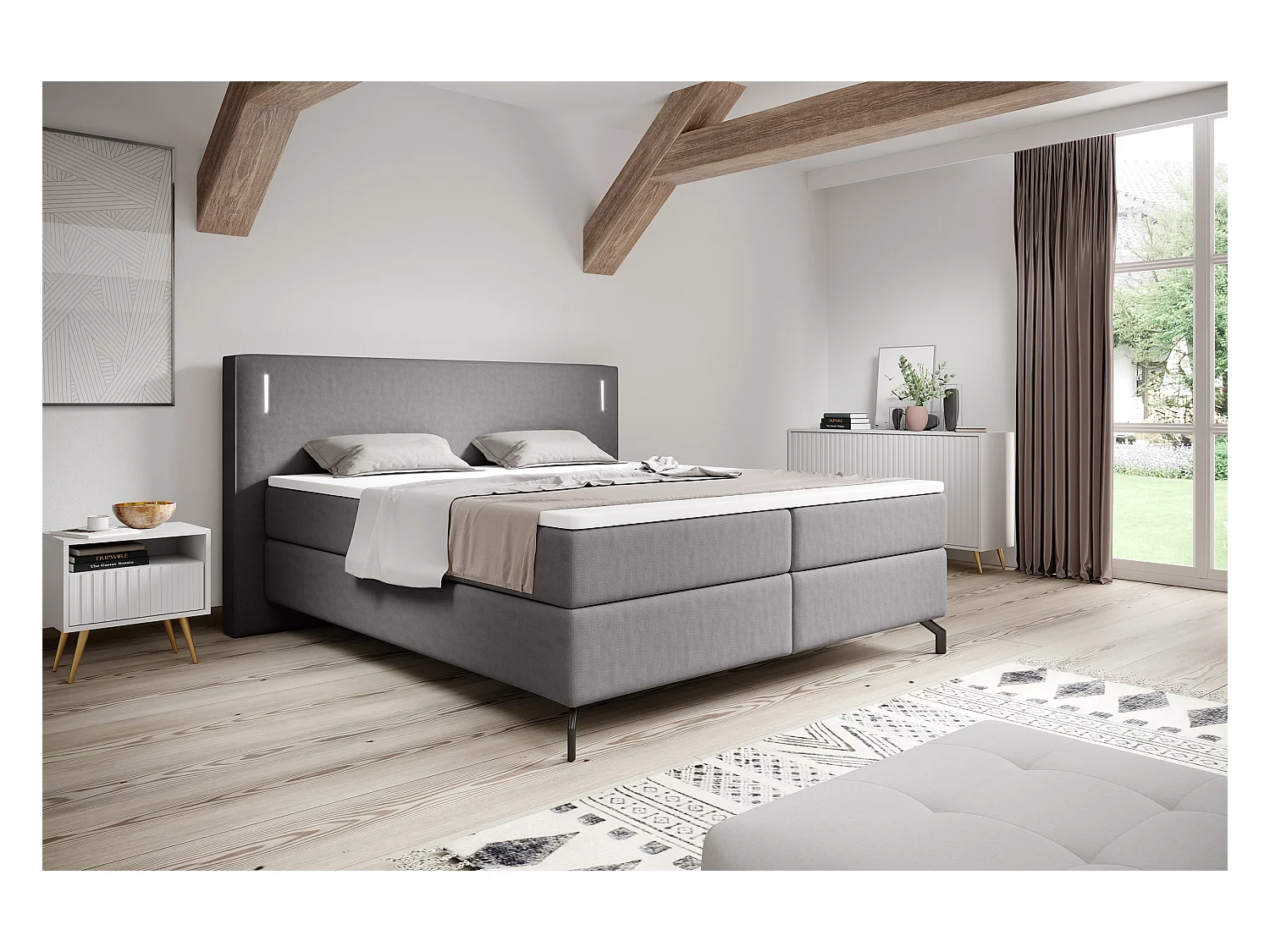 Lit continental - 180x200 cm - surmatelas et éclairage - velours gris - LANKO