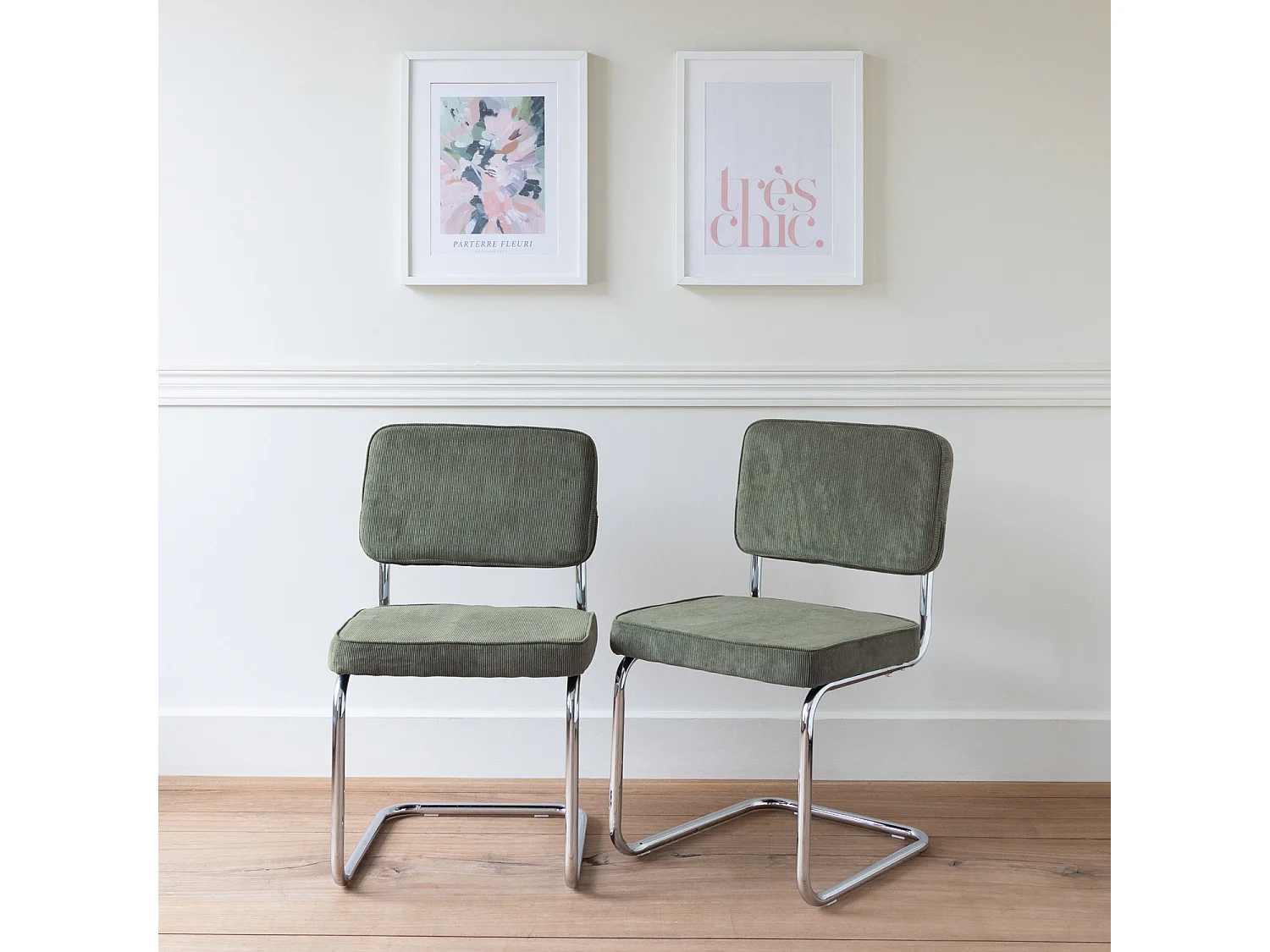 Lot de 2 chaises cantilever en velours côtelé vert kaki MARIA - HAPPY GARDEN