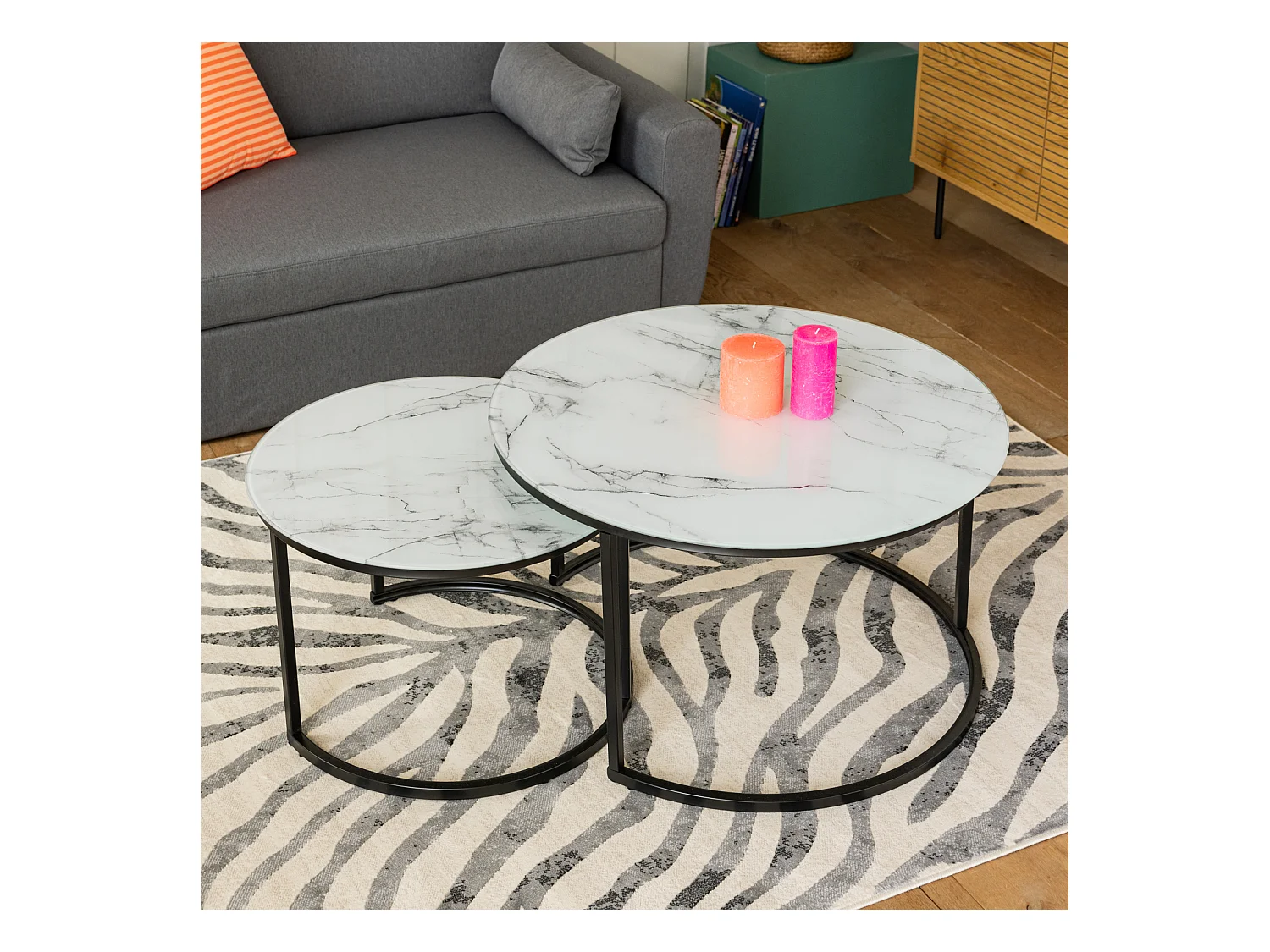 Lot de 2 tables basses gigognes en verre effet marbre blanc VIOLETTE - HAPPY GARDEN