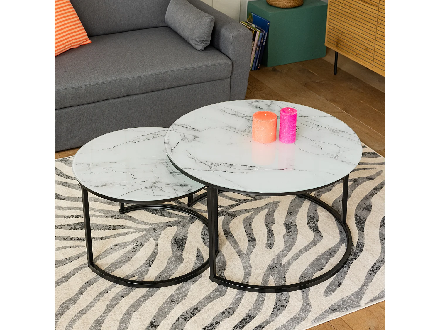 Lot de 2 tables basses gigognes en verre effet marbre blanc VIOLETTE - HAPPY GARDEN