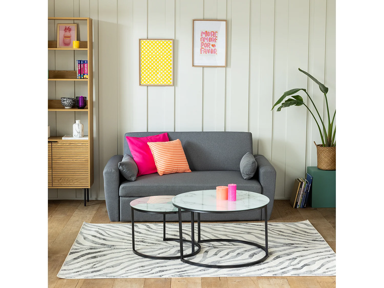 Lot de 2 tables basses gigognes en verre effet marbre blanc VIOLETTE - HAPPY GARDEN