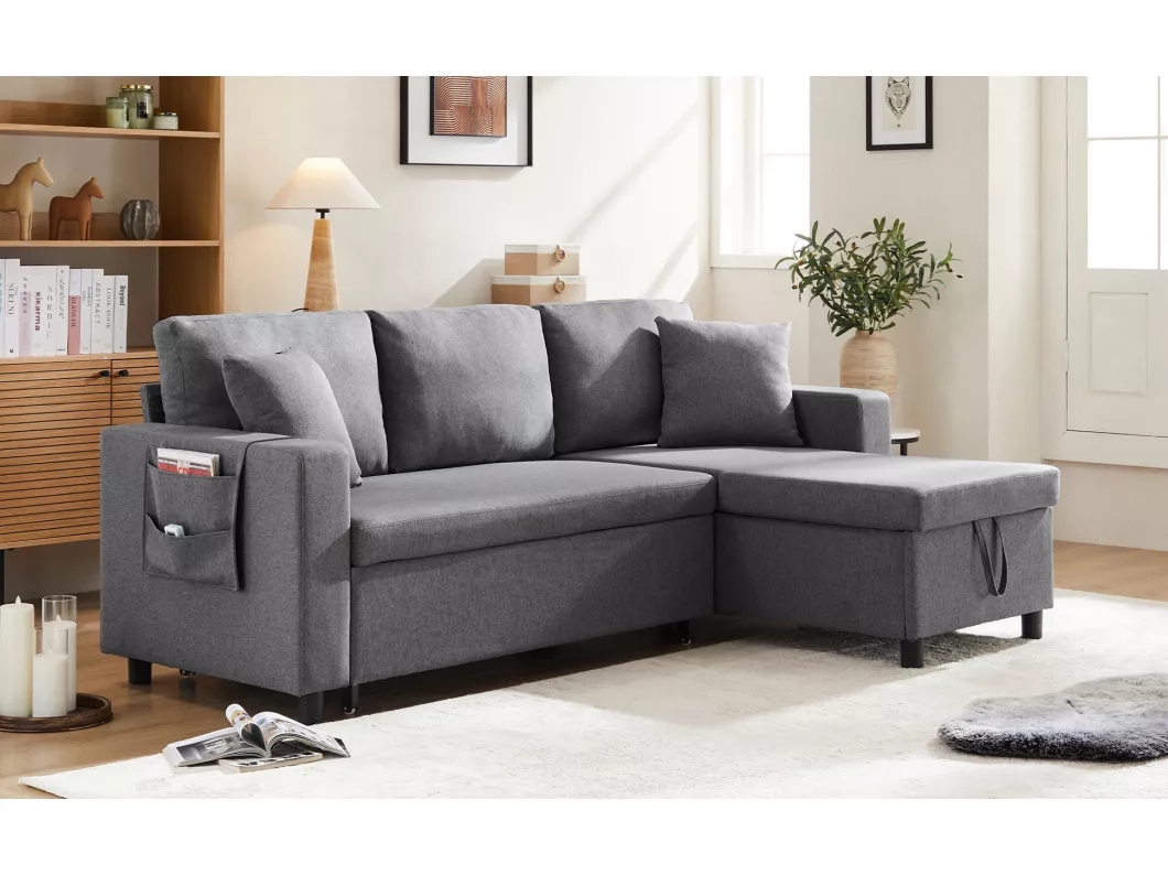 Kauf Unique 3-Sitzer-Umwandelsofa aus Leinenstoff – mit Stauraum und Seitentaschen – Grau