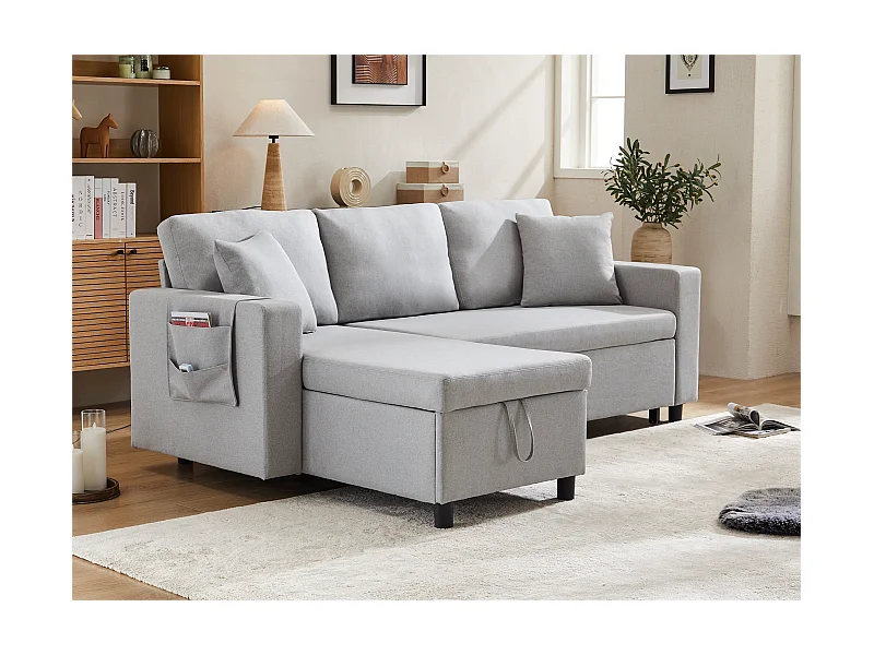 Sofá convertible de 3 plazas en tejido de lino - con almacenaje y bolsillos laterales - Gris claro