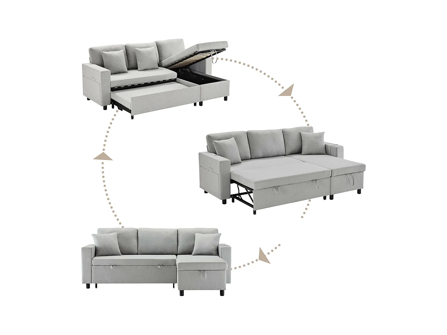 Canapé 3 places convertible en tissu lin - avec rangement et poches latérales - Gris clair