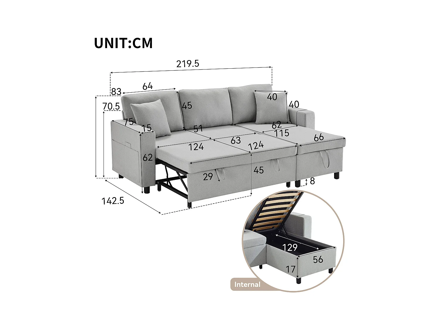Canapé 3 places convertible en tissu lin - avec rangement et poches latérales - Gris clair