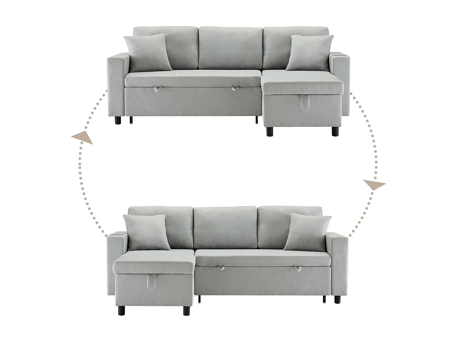 Canapé 3 places convertible en tissu lin - avec rangement et poches latérales - Gris clair