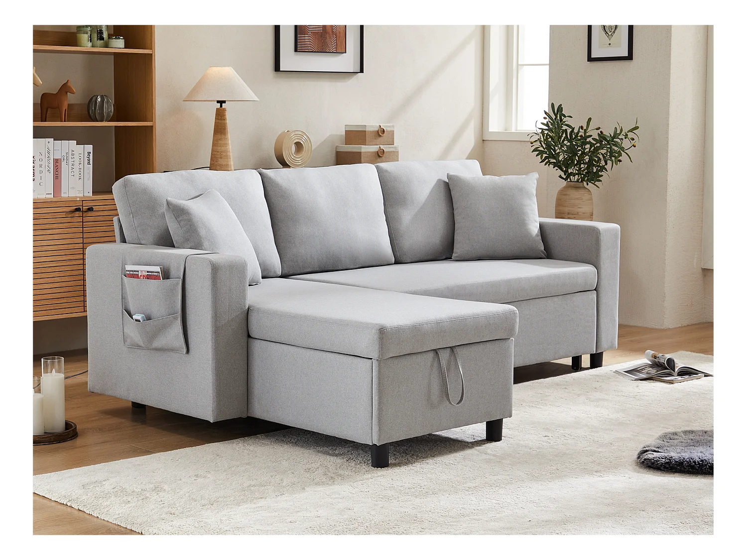 Canapé 3 places convertible en tissu lin - avec rangement et poches latérales - Gris clair