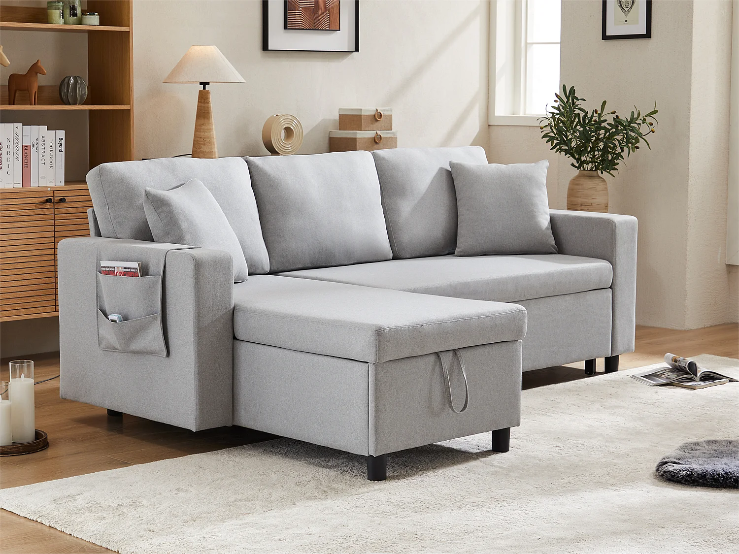 Canapé 3 places convertible en tissu lin - avec rangement et poches latérales - Gris clair