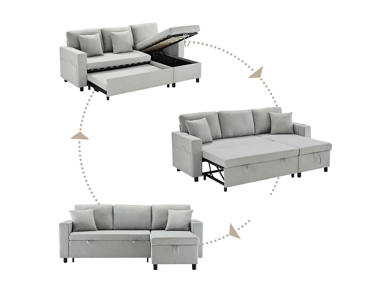 Canapé 3 places convertible en tissu lin - avec rangement et poches latérales - Gris clair