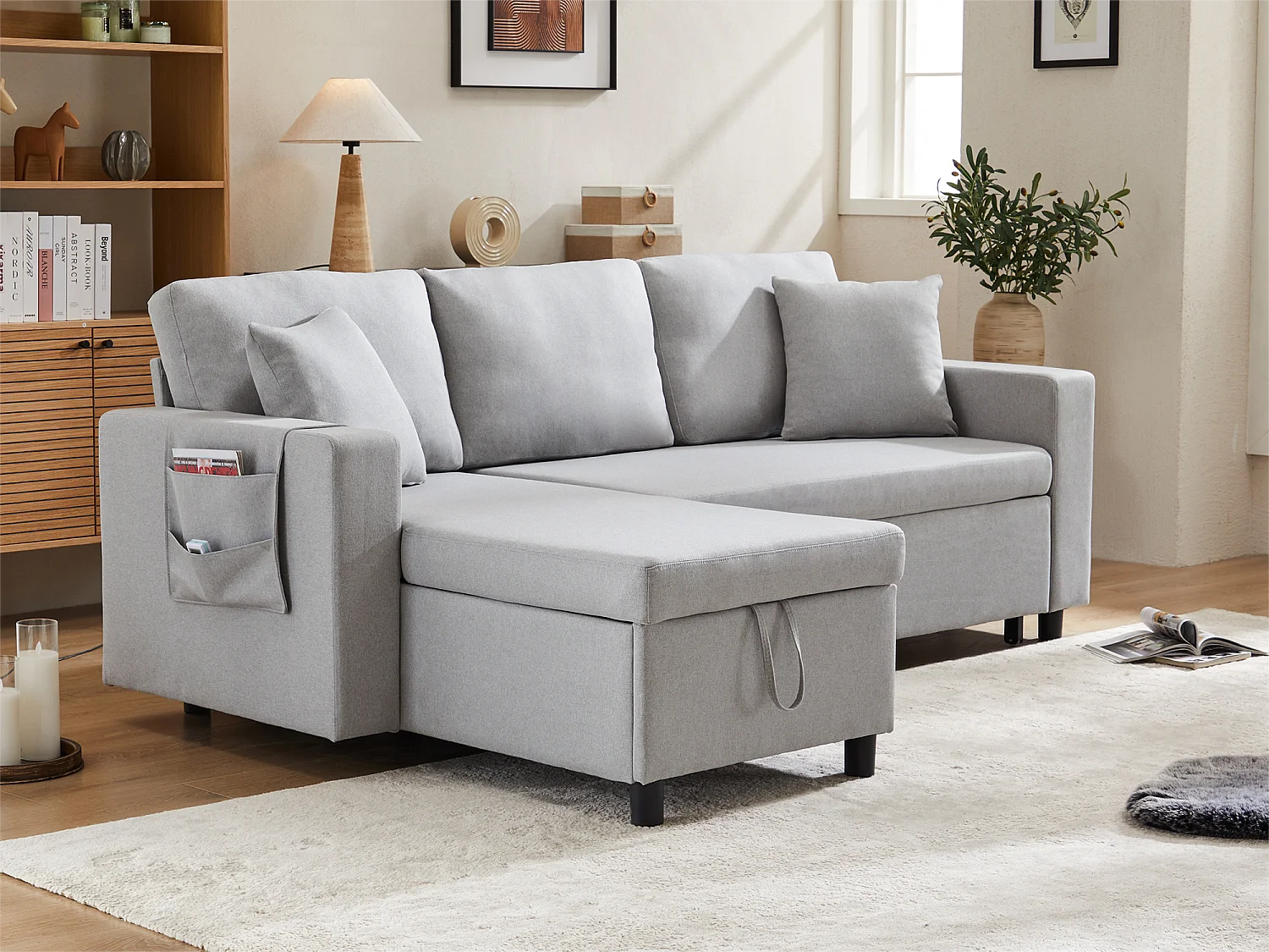 Canapé 3 places convertible en tissu lin - avec rangement et poches latérales - Gris clair