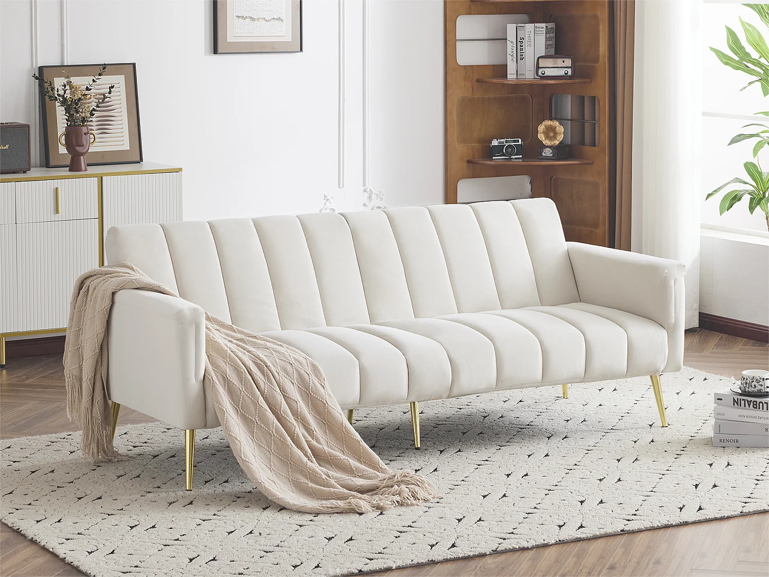 Canapé 3 palces conertible clic-clac en tissu velours - Beige