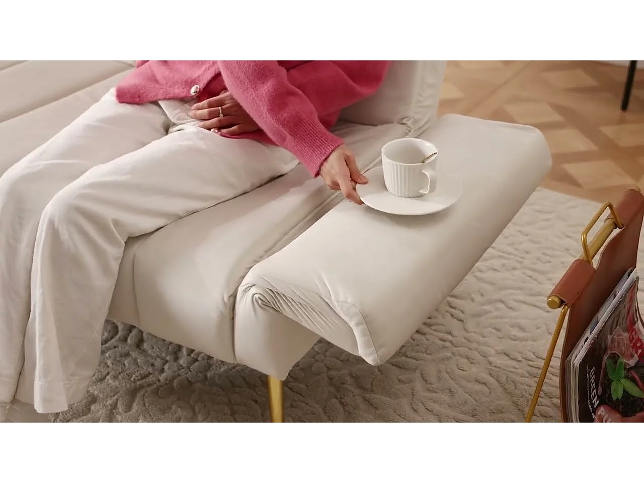 3-sitziges Schlafsofa aus Samtstoff – Beige