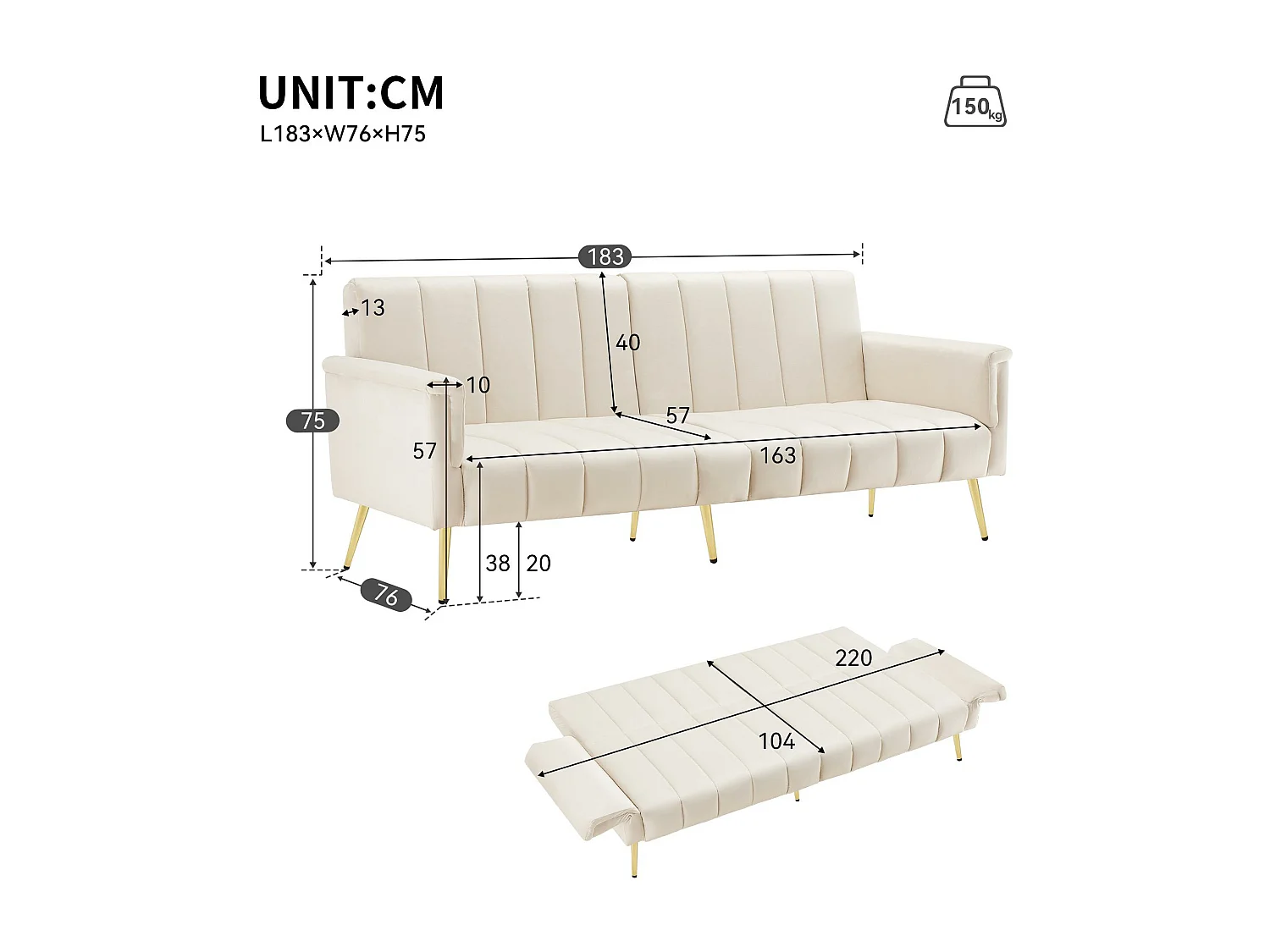 3-sitziges Schlafsofa aus Samtstoff – Beige