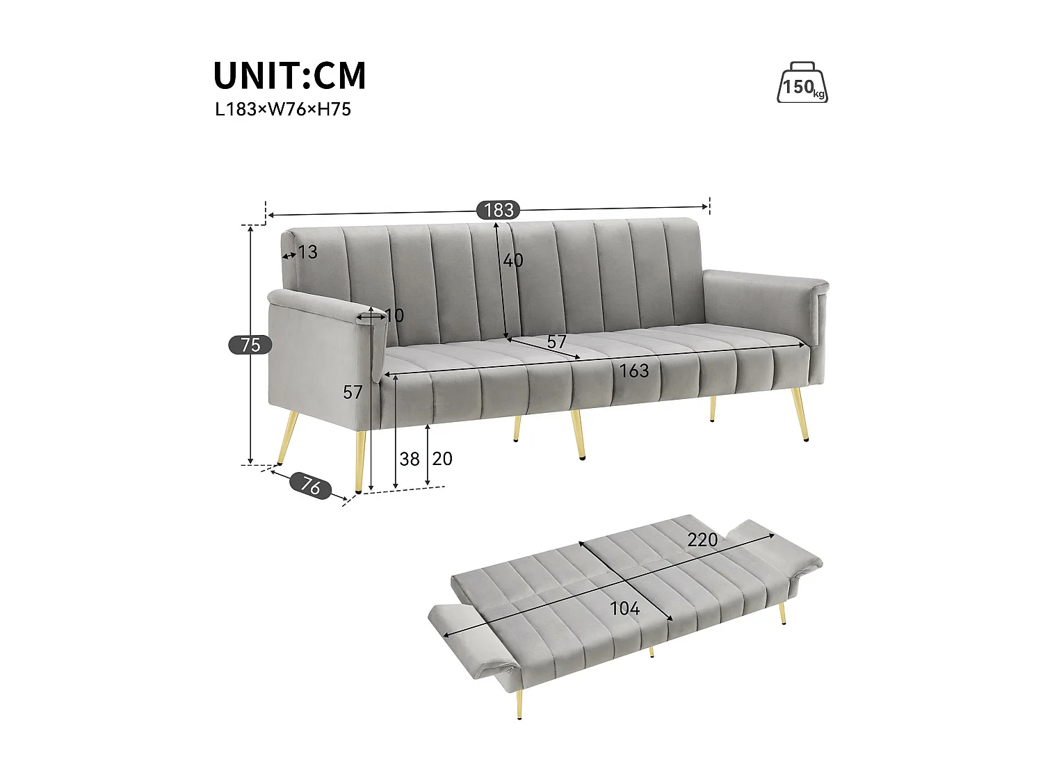 Sofá cama convertible de 3 plazas en tejido de terciopelo - Gris