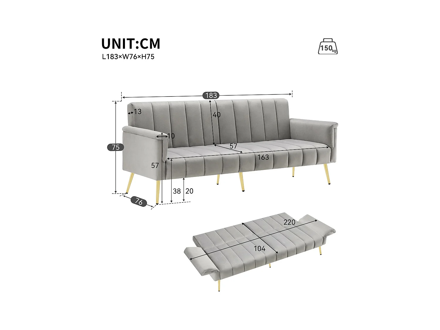 Canapé 3 palces conertible clic-clac en tissu velours - Gris