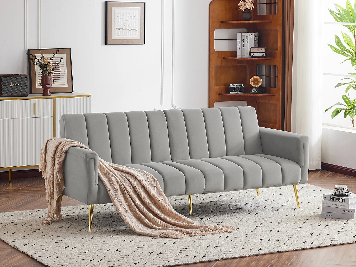 Sofá cama convertible de 3 plazas en tejido de terciopelo - Gris