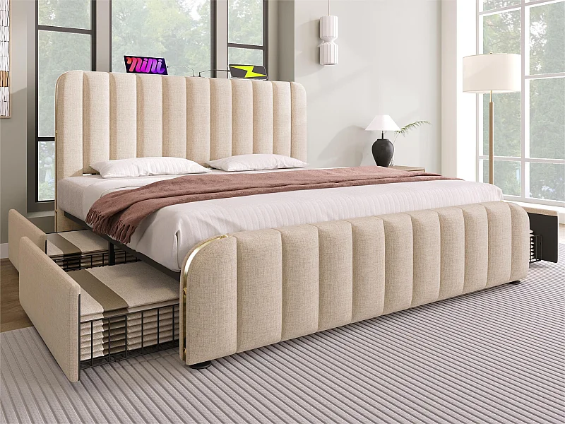 Bed met lades 180x200cm in linnenstof - met USB & Type-C opladen - versierd met gouden strepen - Beige