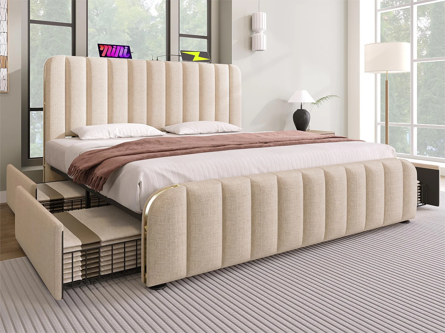 Bed met lades 180x200cm in linnenstof - met USB & Type-C opladen - versierd met gouden strepen - Beige