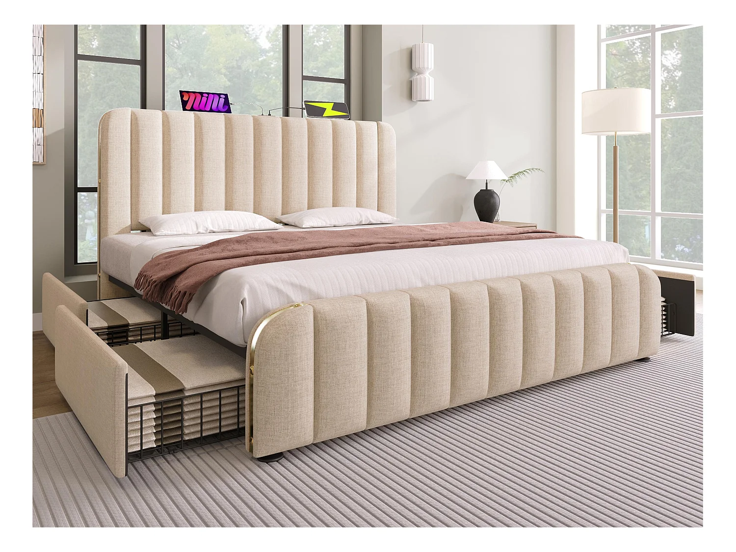 Lit avec tiroirs 180x200cm en tissu lin - avec recharge USB & Type-C - décoré de bandes dorées - Beige