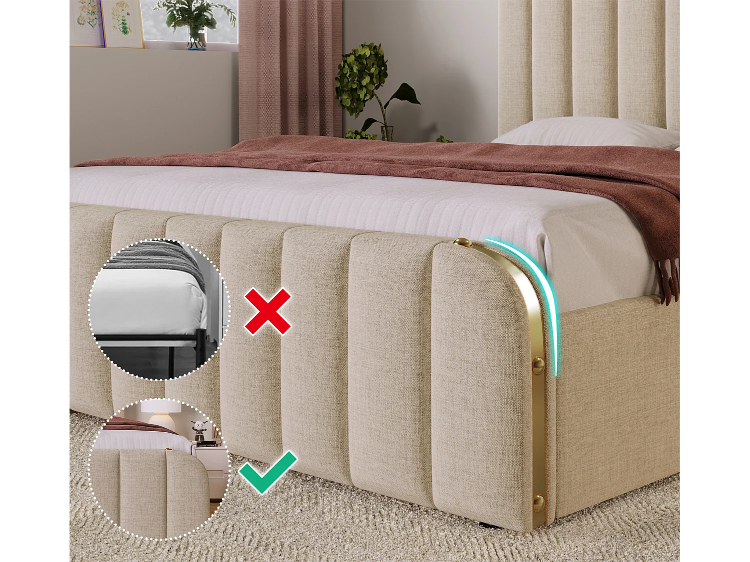 Bed met lades 160x200cm in linnenstof - met USB & Type-C opladen - versierd met gouden strepen - Beige