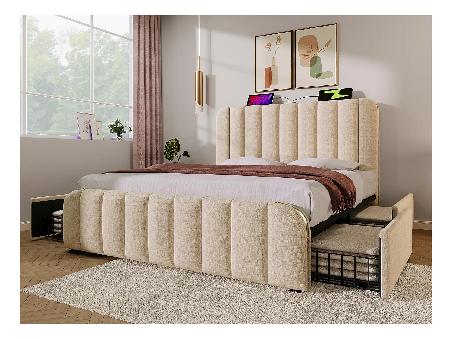Lit avec tiroirs 160x200cm en tissu lin - avec recharge USB & Type-C - décoré de bandes dorées - Beige