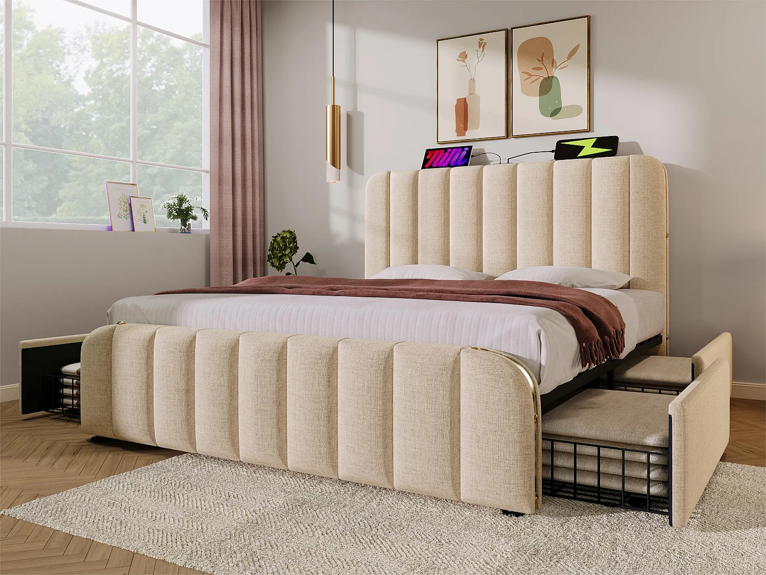 Bett mit Schubladen 160 x 200 cm aus Leinenstoff – mit USB- und Typ-C-Aufladung – verziert mit goldenen Streifen – Beige