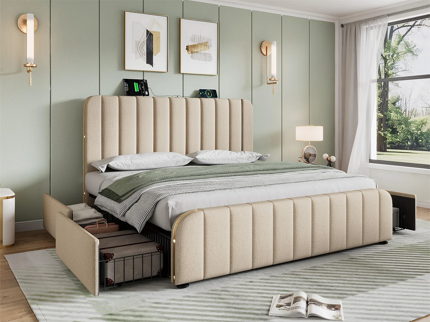 Cama com gavetas 140x200cm em tecido de linho - com carregamento USB e Tipo C - decorada com riscas douradas - Bege