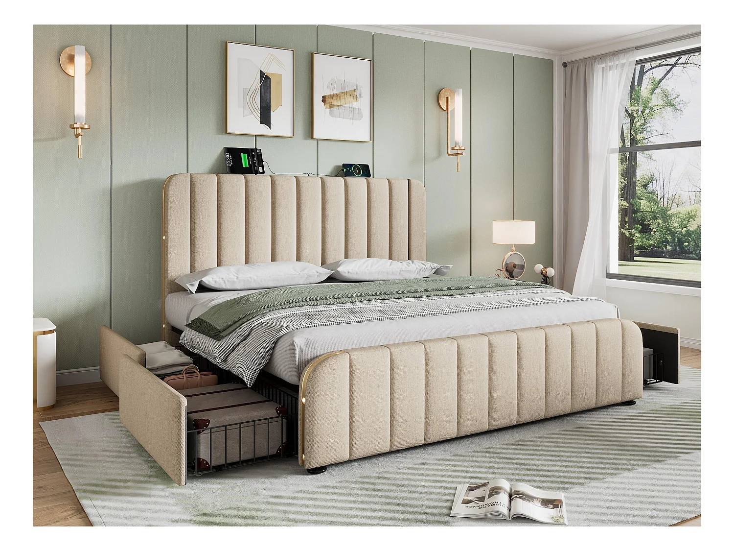 Lit avec tiroirs 140x200cm en tissu lin - avec recharge USB & Type-C - décoré de bandes dorées - Beige