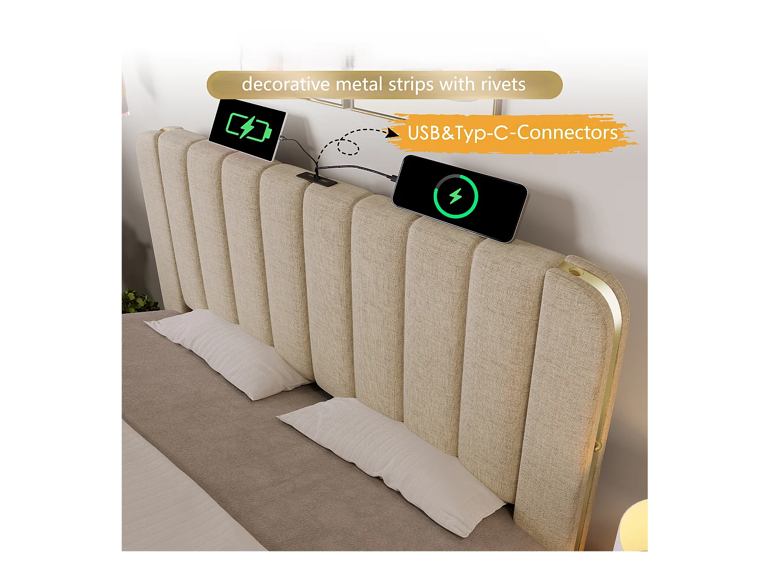 Lit avec tiroirs 140x200cm en tissu lin - avec recharge USB & Type-C - décoré de bandes dorées - Beige