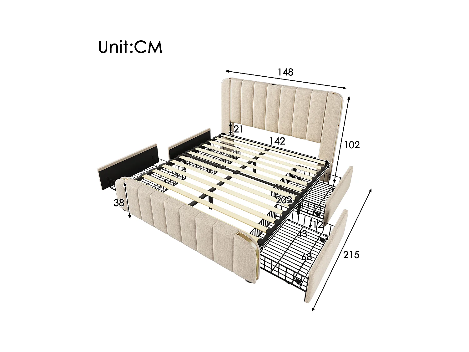 Lit avec tiroirs 140x200cm en tissu lin - avec recharge USB & Type-C - décoré de bandes dorées - Beige