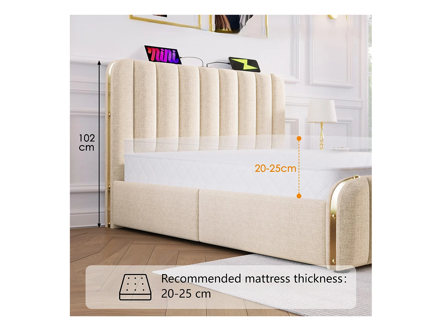 Lit avec tiroirs 140x200cm en tissu lin - avec recharge USB & Type-C - décoré de bandes dorées - Beige