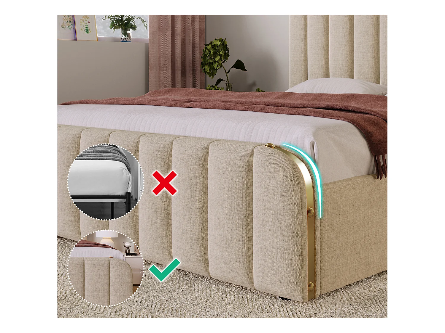 Lit avec tiroirs 140x200cm en tissu lin - avec recharge USB & Type-C - décoré de bandes dorées - Beige
