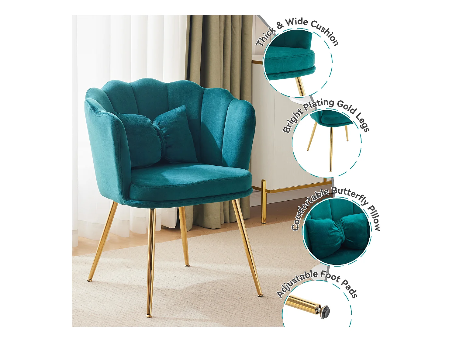 1 Fluwelen stoel - met bloemblaadjevormige rugleuning - goud metalen poten - dennengroen