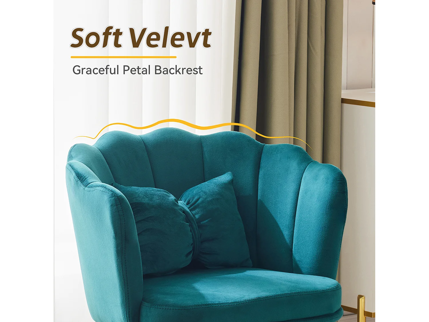 1 Chaise en velours - avec dossier en forme de pétale - pieds en métal doré - Vert sapin